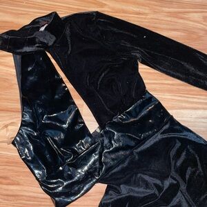 Elegant Black Velvet and patent leather Dress with Unique Design